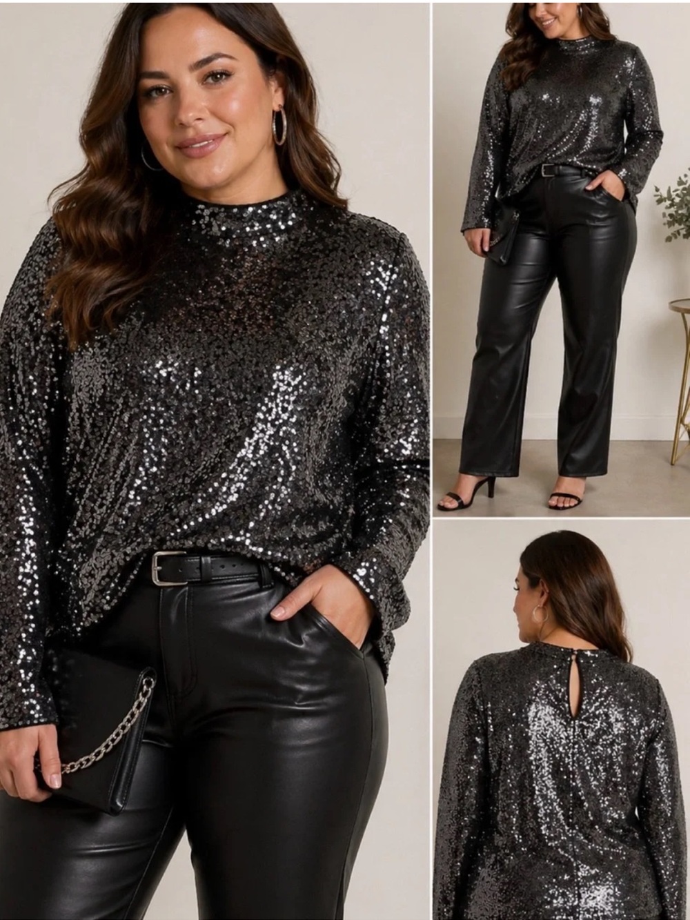 NWOT Lane Bryant Silver Gunmetal Gray Sequin Mock Neck L/S Blouse Plus 14